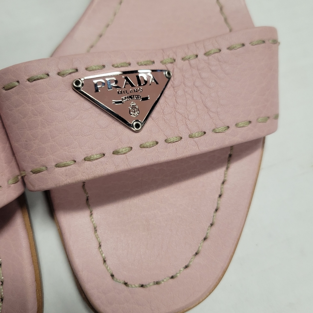 Vintage PRADA Daino Mule Shoes Baby Pink Low Heel Slide Sandals 37 - Picture 6 of 12